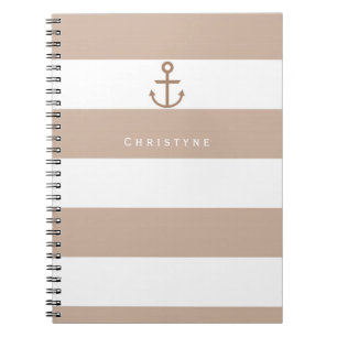 Espiral Caderno com Âncora Listrada Marrom, Bege e Branco