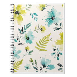 Espiral Caderno com Design Floral Chartreuse e Azul Turque