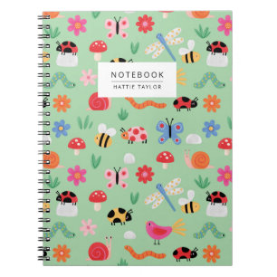 Espiral Caderno com Padrão de Insetos Fofos em Hortelã