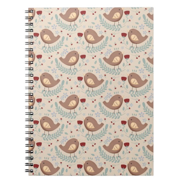 Espiral Caderno com Padrão Fantasioso de Pássaros e Flores (Frente)