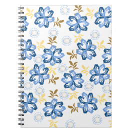 Espiral caderno com padrão floral azul e dourado