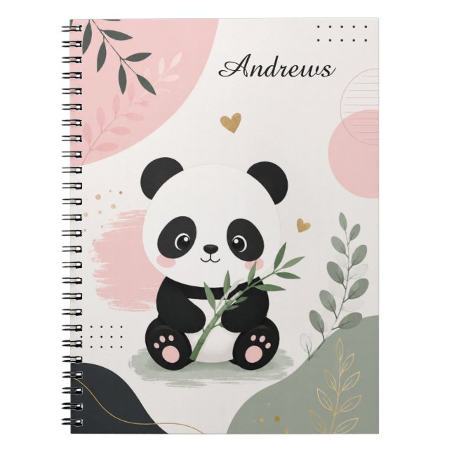 Espiral Caderno de Bambu Pink Sage com Nome de Panda Fofo (Frente)