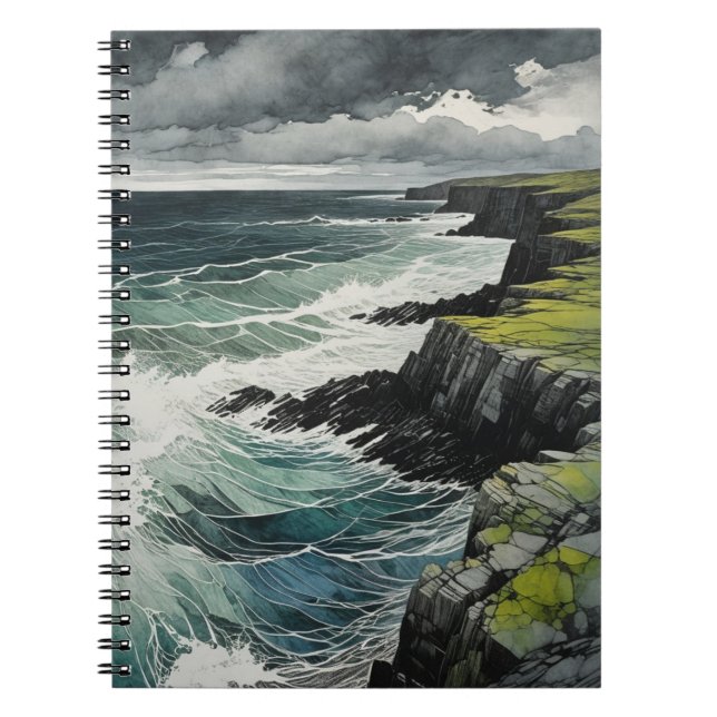 Espiral Caderno de capa verde selvagem com ondas quebrando (Frente)