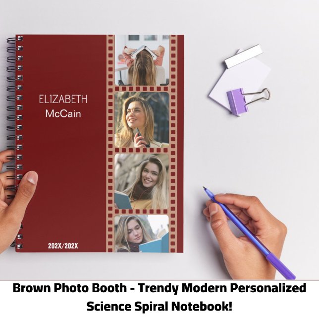Espiral Caderno de Ciência Personalizado com Cabine de Fot (Brown Photo Booth - Trendy Modern Personalized Science Spiral Notebook!)
