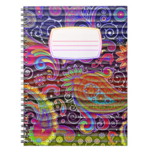 Espiral caderno de composição ondulado de paisley colorido