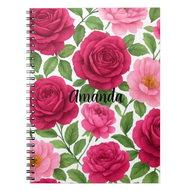 Espiral Caderno de Flores de Rosa com Nome Personalizado (Frente)