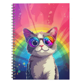 Espiral Caderno de Gato Cinza e Branco Usando Óculos de So