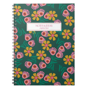Espiral caderno de ideias de notas florais verdes e person
