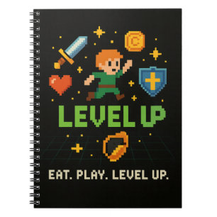 Espiral Caderno de Jogador Level Up – Estilo Retro Pixel d