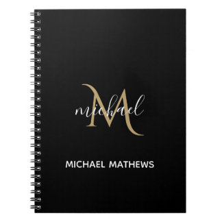 Espiral Caderno de Luxo Monograma Preto e Dourado Elegante