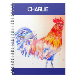 Espiral Caderno de Meninos com Galo em Aquarela Frango Gal