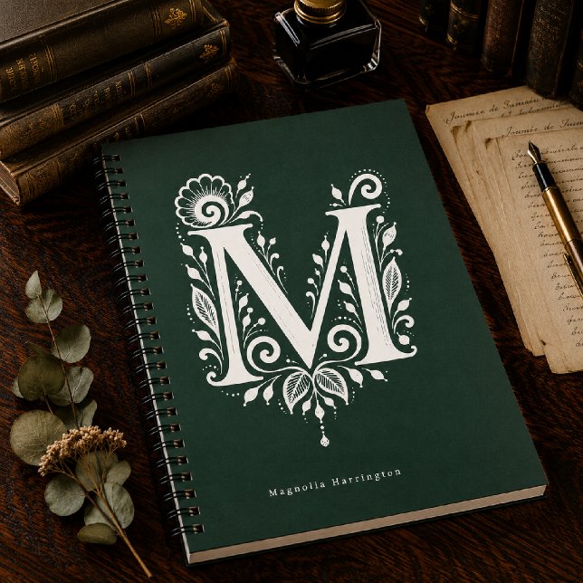 Espiral Caderno de Monograma Botânico de Linocut com Letra (Criador carregado)