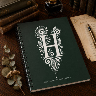 Espiral Caderno de Monograma Botânico de Linocut Letra H