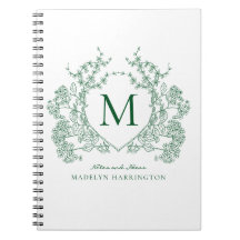 Caderno de Monograma de Crista Floral Verde Clássi