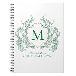 Espiral Caderno de Monograma de Crista Floral Verde Clássi