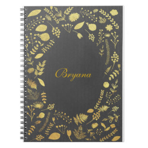 Espiral Caderno de Notas Floral Cinza Carvão e Dourado Fal