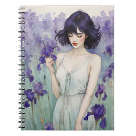 Espiral Caderno de Notas Menina entre Flores de Íris