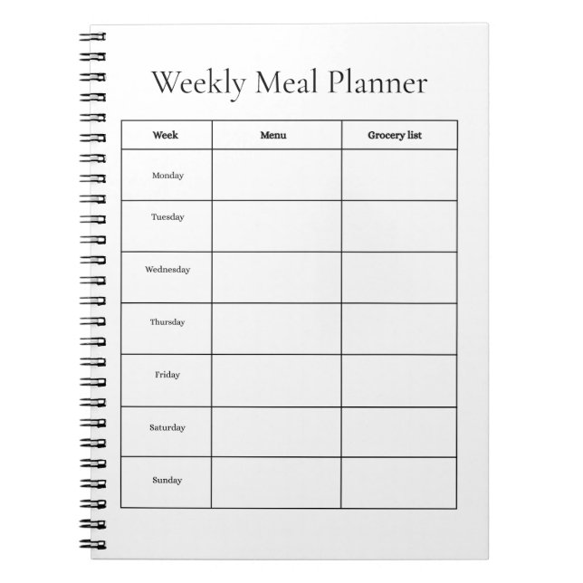Espiral Caderno de Planeamento Semanal de Refeições (Frente)
