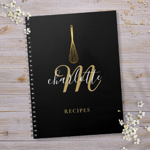 Espiral Caderno de Receitas Monograma Preto Dourado Script