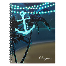 Espiral Caderno Diário de Âncora e Palmeiras com Luzes de