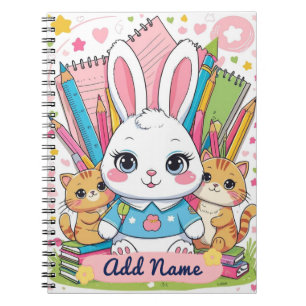 Espiral Caderno do Coelho Fofo & Gatos – Nome Editável