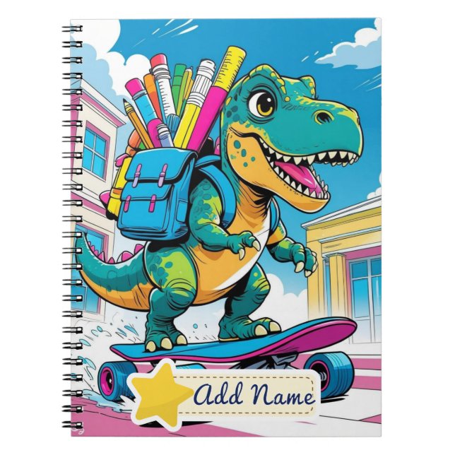 Espiral Caderno Escolar Dinossauro Editável – Skateboard (Frente)