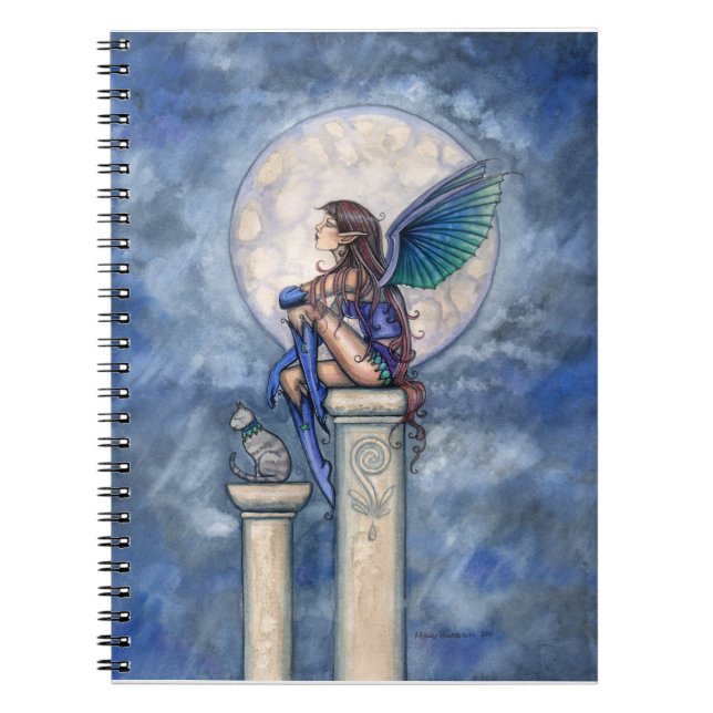 Espiral Caderno Fada Fantasia Lua Índigo e Gato (Frente)