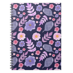 Espiral Caderno Floral Aquarela Meia-Noite