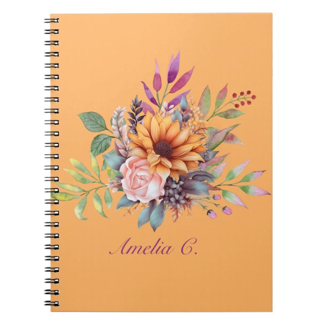 Espiral Caderno Floral Aquarela Tom de Pêssego Doce (Frente)