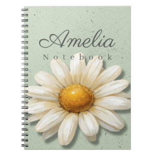 Espiral Caderno Floral Daisy Nome Diário Verde Sage