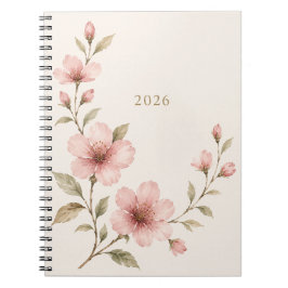 Espiral Caderno Floral de Aquarela Rosa Elegante 2026 | 