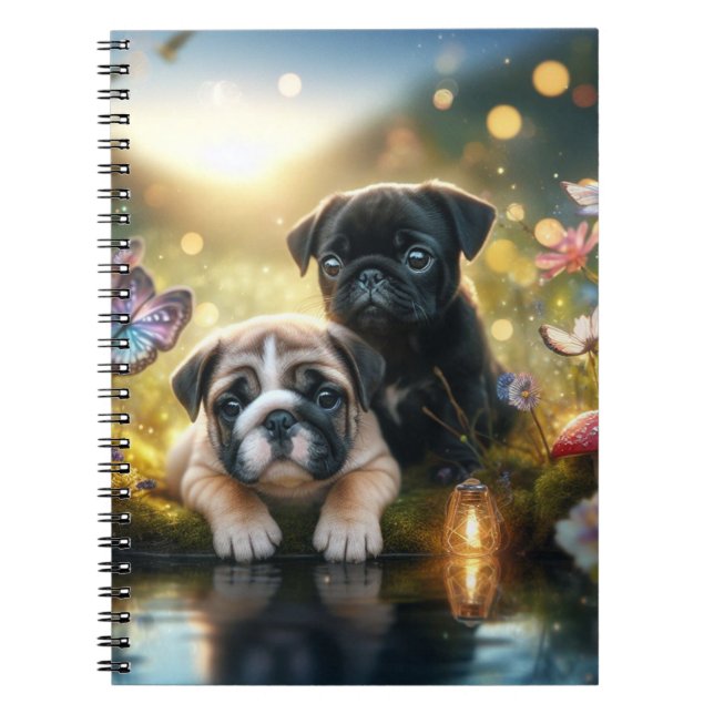 Espiral Caderno Floral dos Melhores Amigos Pug e Cachorrin (Frente)