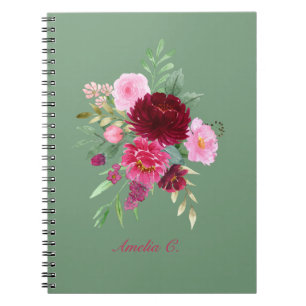 Espiral Caderno Floral Feminino Verde Sálvia Fofo