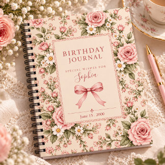 Espiral Caderno Floral Rosa Pink, Aniversário Vintage 