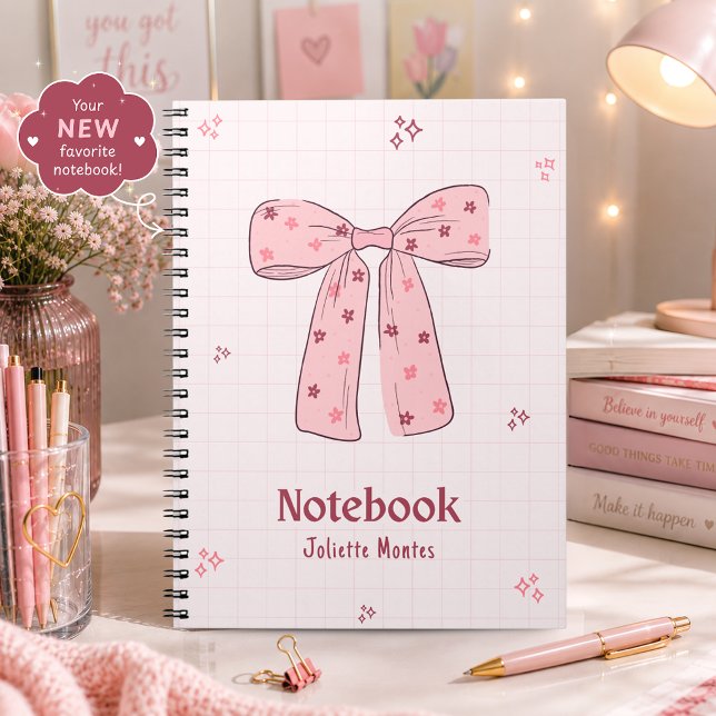 Espiral Caderno Fofo com Laço Coquette Rosa (Cute-Pink-Coquette-Bow-Notebook)