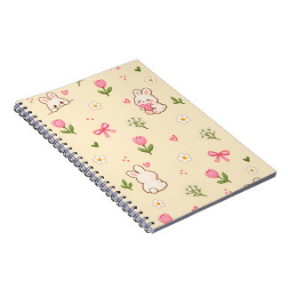 Espiral Caderno fofo com padrão floral de coelhinho Kawaii