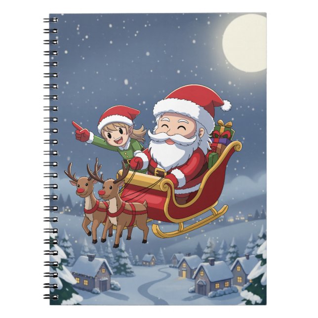 Espiral Caderno Fofo de Natal Chibi Papai Noel e Elfo (Frente)