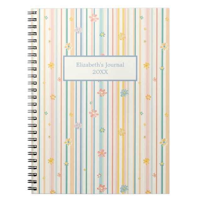 Espiral Caderno Jornal com Flores Listras Pastel (Frente)