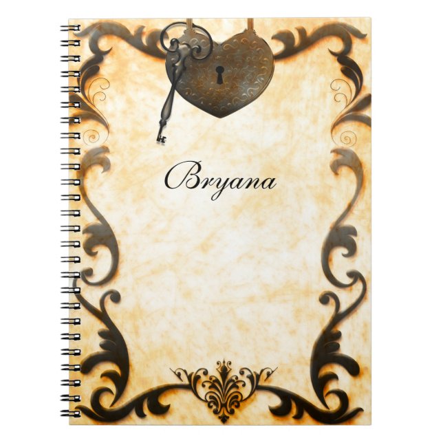Espiral Caderno Jornal Vintage Antigo Heart Lock & Key (Frente)
