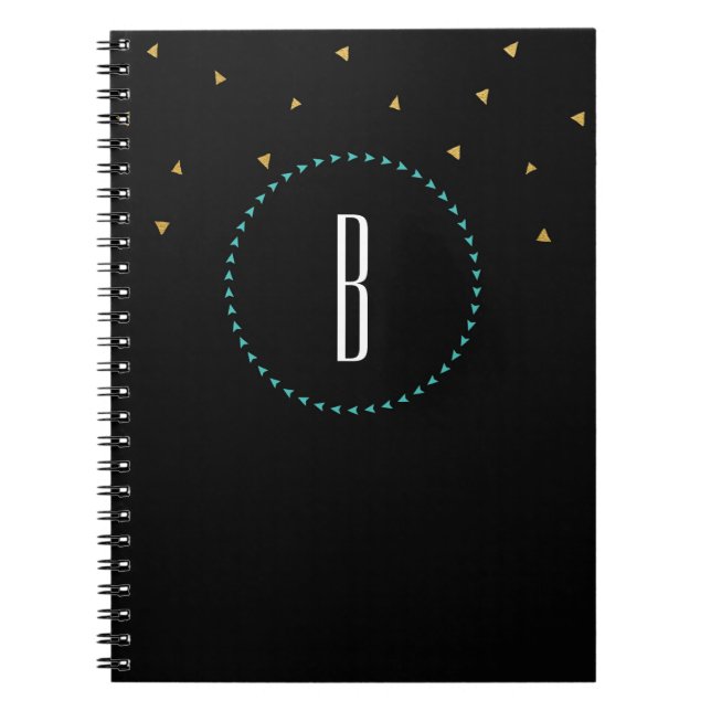Espiral Caderno Moderno Triângulos Preto Dourado Turquesa (Frente)