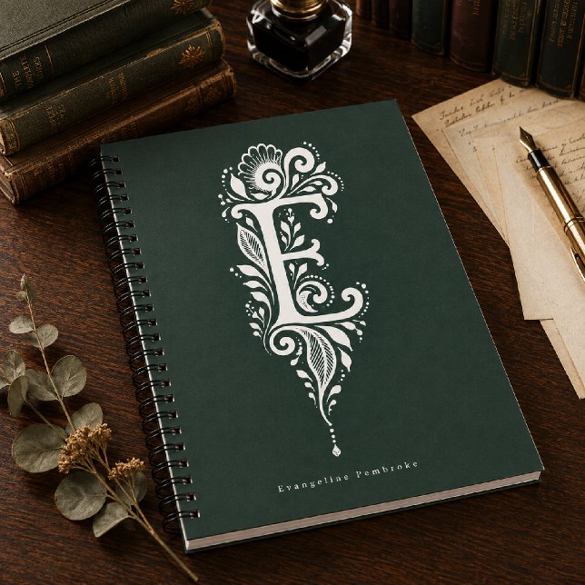 Espiral Caderno Monograma Botânico de Linocut com Letra E (Criador carregado)