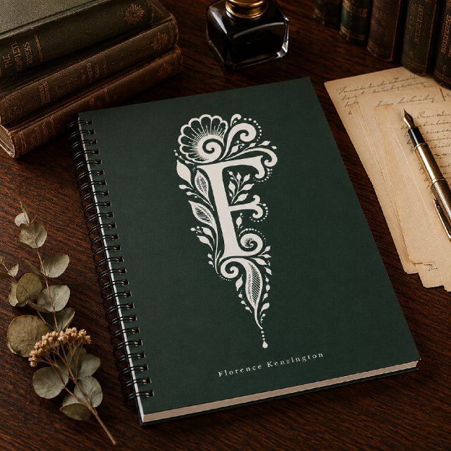 Espiral Caderno Monograma Botânico de Linocut com Letra F (Criador carregado)