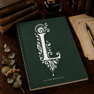 Espiral Caderno Monograma Botânico de Linocut com Letra L