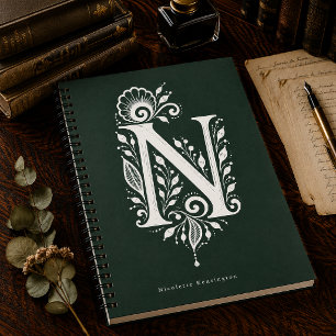 Espiral Caderno Monograma Botânico de Linocut Letra N