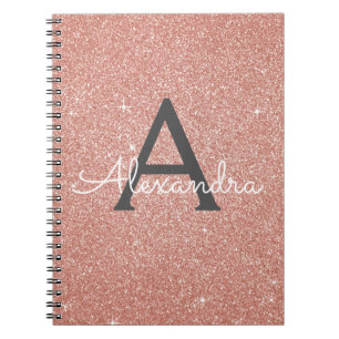 Espiral Caderno Monograma com Brilho em Rosa Dourado