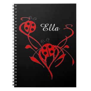 Espiral Caderno Monograma Floral Vermelho com Joaninha