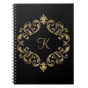 Espiral Caderno Monograma Preto com Brilho Dourado
