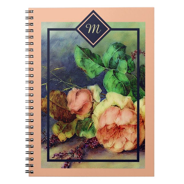 Espiral caderno monograma rosas vintage (Frente)
