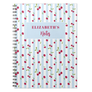 Espiral Caderno Personalizado Cereja Listras Azuis Retro F