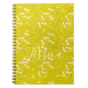 Espiral Caderno personalizado com brilho e libélulas